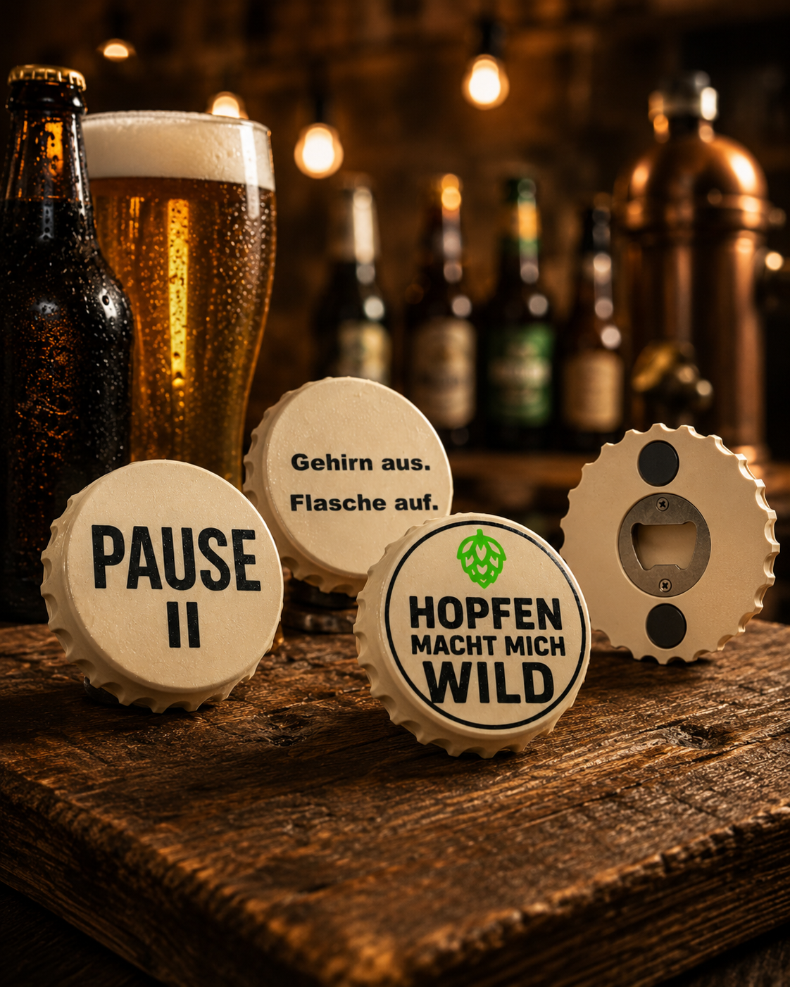 Magnet-Flaschenöffner „Feierabend“ – 2-in-1 Kronkorken-Design